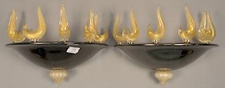 Pair of Barovier toso modern chrome and Murano glass wall sconces, each mounted with six Murano glass swan type figures and Murano f...