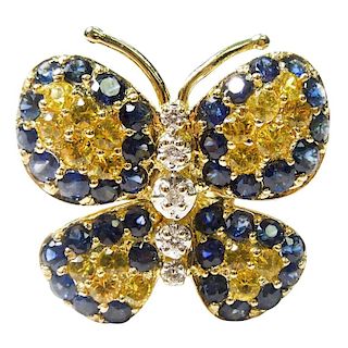 Blue and Yellow Sapphire Diamond Gold Butterfly Ri
