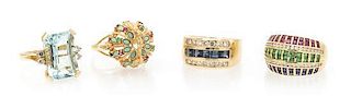 A Collection of Four Yellow Gold, Multi Gem and Diamond Rings, 20.00 dwts.