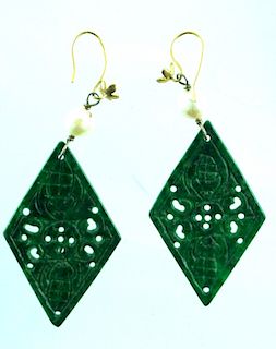 Ladies Hand Carved Jade & Pearl Scarab Earrings