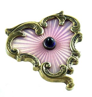 Attributed Faberge Silver Guilloche Sapphire Pin