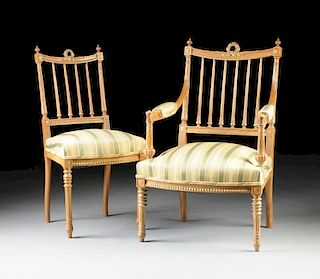 A SET OF SIX LOUIS XVI STYLE PARCEL GILT CARVED BEECH CHAIRS, EARLY 20TH CENTURY,