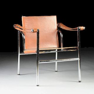A CHROME PLATED TUBULAR STEEL AND LEATHER CHAIR IN THE MANNER OF LE CORBUSIER (CHARLES-EDOUARD JEANNERET-GRIS, SWISS/FRENCH, 1887-1965), CONTINENTAL, 