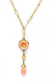 * A 14 Karat Yellow Gold and Coral Flower Necklace, Kalo, 5.10 dwts.
