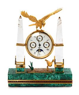A Swiss Gilt Metal, Rock Crystal and Malachite Veneered Desk Clock, Mouawad Height 13 inches.