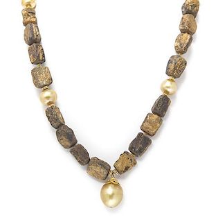 A 14 Karat Yellow Gold, Tiger's Eye and Cultured Pearl Necklace,