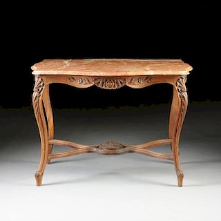 A REGENCE STYLE MARBLE TOPPED CARVED WALNUT TABLE DE MILIEU, LATE 19TH CENTURY,