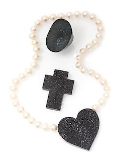 * A Collection of Black Druzy Quartz and Cultured Pearl Jewelry,