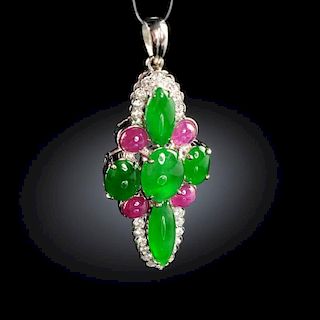 AN 18K WHITE GOLD, CHINESE "A" JADEITE JADE, RUBY, AND DIAMOND LADY'S PENDANT,