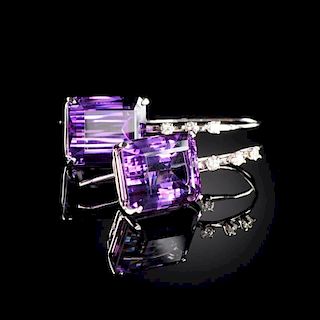 A PAIR OF 14K WHITE GOLD, AMETHYST, AND DIAMOND LADY'S EARRINGS