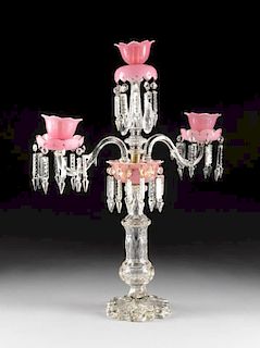 AN ANTIQUE BACCARAT CUT PINK AND CLEAR GLASS THREE LIGHT CANDELABRA, LATE 19TH CENTURY,
