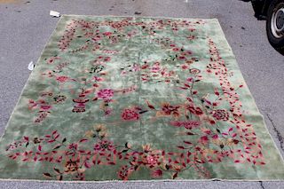 Art Deco Green Ground Chinese Handmade Floral Rug