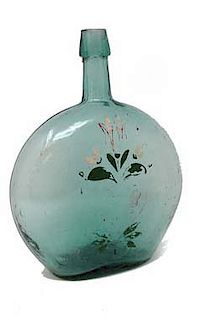 Early Paint Decorated Blue Aqua Blown Glass Bottle