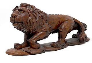 Early Carved Wood Folk Art Lion with Glass Eyes