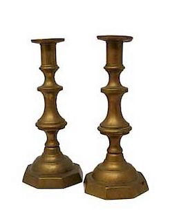 Early 1800's Pair of Early Brass Push Up Candlesticks