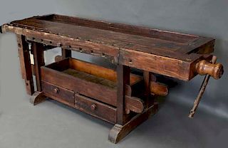 Early Work Table Bench with Wooden Vise. Measures 36"