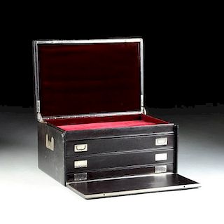 AN ELEGANT FRENCH SILVERED METAL MOUNTED BLACK LEATHER TRAVELING COLLECTOR'S CHEST, BY GUSTAVE KELLER, PARIS, LATE 19TH CENTURY,