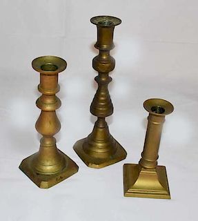 3 Early 1800's Brass Push Up Candle Sticks