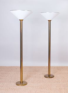 PAIR OF KOCH & LOWY BRASS STANDING LAMPS WITH LUCITE SHADES