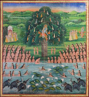 INDIAN SCHOOL: KRISHNA IN A TREE WATCHING WOMEN AND ELEPHANTS BATHING