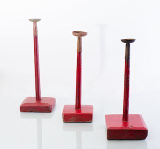SET OF THREE CHINESE RED PAINTED AND METAL HAT STANDS