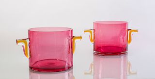 PAIR OF CRANBERRY AND AMBER GLASS ICE BUCKETS