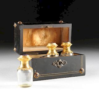 A FRENCH EGYPTIAN REVIVAL BRASS BOX FITTED WITH THREE SCENT BOTTLES, CIRCA 1880,