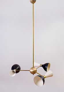 BRASS AND ALUMINUM THREE-LIGHT CHANDELIER IN THE STYLE OF STILNOVO