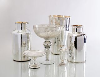 GROUP OF SIX MERCURY GLASS TABLE ARTICLES