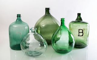 GROUP OF FIVE LARGE GLASS STORAGE BOTTLES