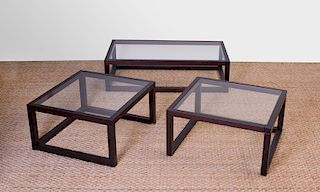 SET OF THREE STAINED WOOD AND GLASS-INSET LOW TABLES, OF RECENT MANUFACTURE