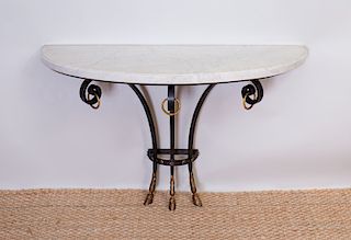 FRENCH ART DECO IRON AND PARCEL-GILT CONSOLE WITH HOOVED FEET