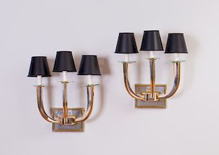 PAIR OF ART DECO STYLE CHROME, BRASS AND GLASS THREE-LIGHT SCONCES