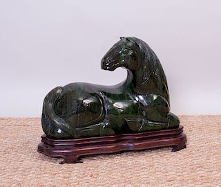 LARGE CHINESE DARK GREEN JADE CARVING OF A HORSE