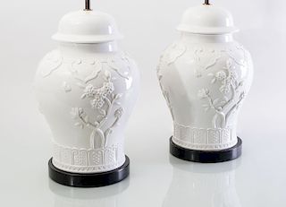 PAIR OF LARGE BLANC DE CHINE STYLE BALUSTER JARS MOUNTED AS LAMPS