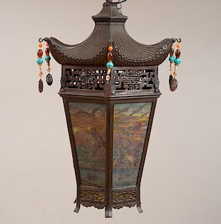CHINESE TIN AND PAINTED STAINED GLASS HANGING LANTERN