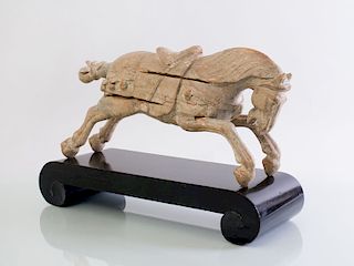 HAN STYLE CARVED AND PAINTED WOOD FIGURE OF A RUNNING HORSE