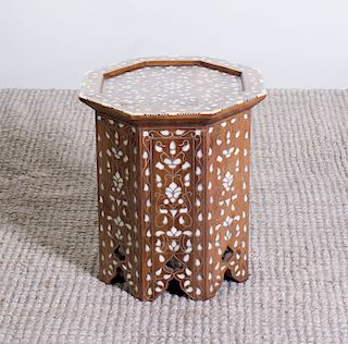 MOROCCAN BONE AND PEWTER-INLAID HARDWOOD OCTAGONAL-SHAPED SIDE TABLE
