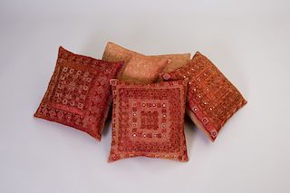 SET OF THREE AND A PAIR OF EMBROIDERED PILLOWS