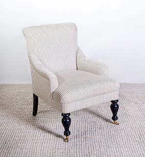 VICTORIAN STYLE EBONIZED AND UPHOLSTERED ARMCHAIR