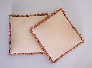 PAIR OF SILK DAMASK PILLOWS WITH PASSEMENTERIE EDGE