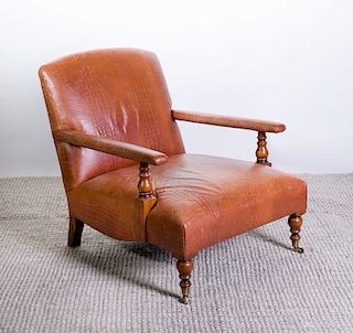 VICTORIAN STYLE TEXTURED LEATHER LIBRARY ARMCHAIR