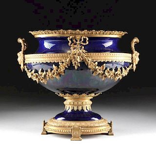 A LARGE LOUIS XVI STYLE BRONZE MOUNTED COBALT BLUE CENTERPIECE BOWL, LATE 19TH/EARLY 20TH CENTURY,