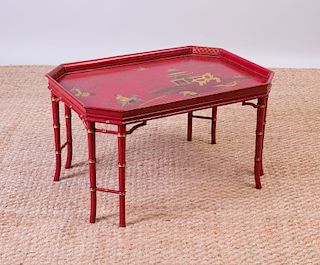 GEORGE III STYLE RED JAPANNED AND PARCEL-GILT TRAY MOUNTED AS LOW TABLE WITH GLASS TOP