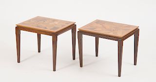 PAIR OF FRENCH MAHOGANY AND FRUITWOOD MARQUETRY SIDE TABLES