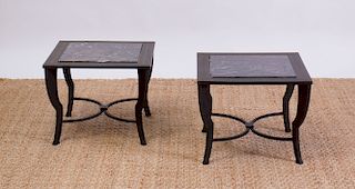 PAIR OF IRON COFFEE TABLES WITH MARBLE TILE TOPS, MODERN