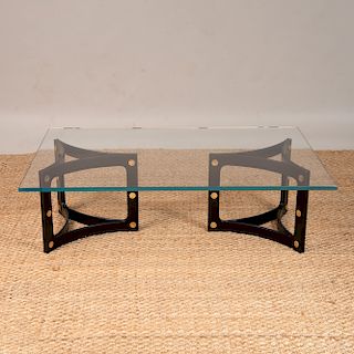 BRASS-MOUNTED EBONIZED COCKTAIL TABLE BASE WITH GLASS TOP, OF RECENT MANUFACTURE