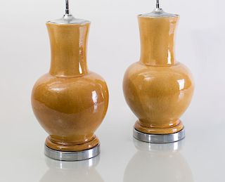 PAIR OF AMBER CRACKLE GLAZED CERAMIC BALUSTER-FORM VASES MOUNTED AS LAMPS