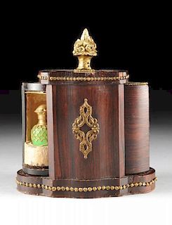 A FRENCH ROSEWOOD VENEER AND GILT BRONZE  MECHANICAL REVOLVING TWO BOTTLE PERFUME BOX, PROBABLY PARIS, CIRCA 1860