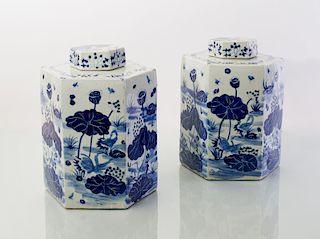 PAIR OF CHINESE BLUE AND WHITE PORCELAIN HEXAGONAL JARS AND COVERS